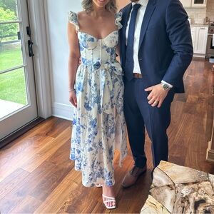 V. Chapman Vera Ruffle-Strap Corset Side-Slit Midi Dress